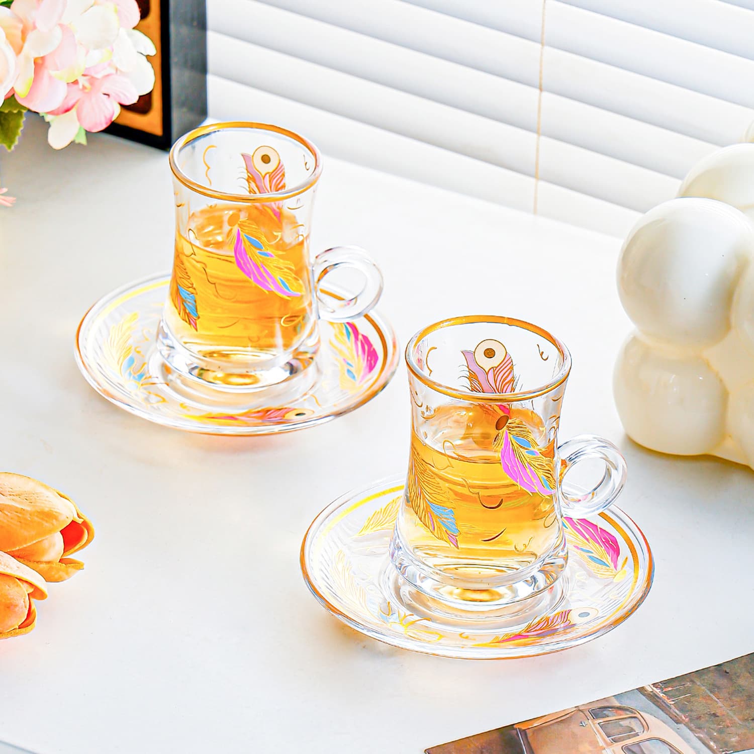 European Turkish Pattern Gold Home Red Tea Cup Saucer Glass Coffee Gift Cup Saucer Set Afternoon Tea