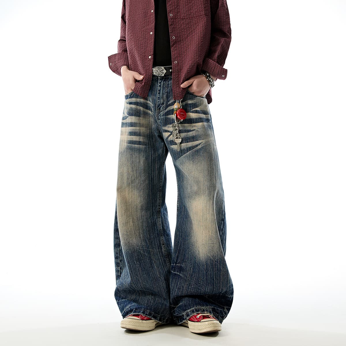 2026 Spring/Summer New Men's High-Quality Slub Denim Jeans with Heavy Craftsmanship, Tie-Dye Wash, Large Size Loose Fit Long Pants