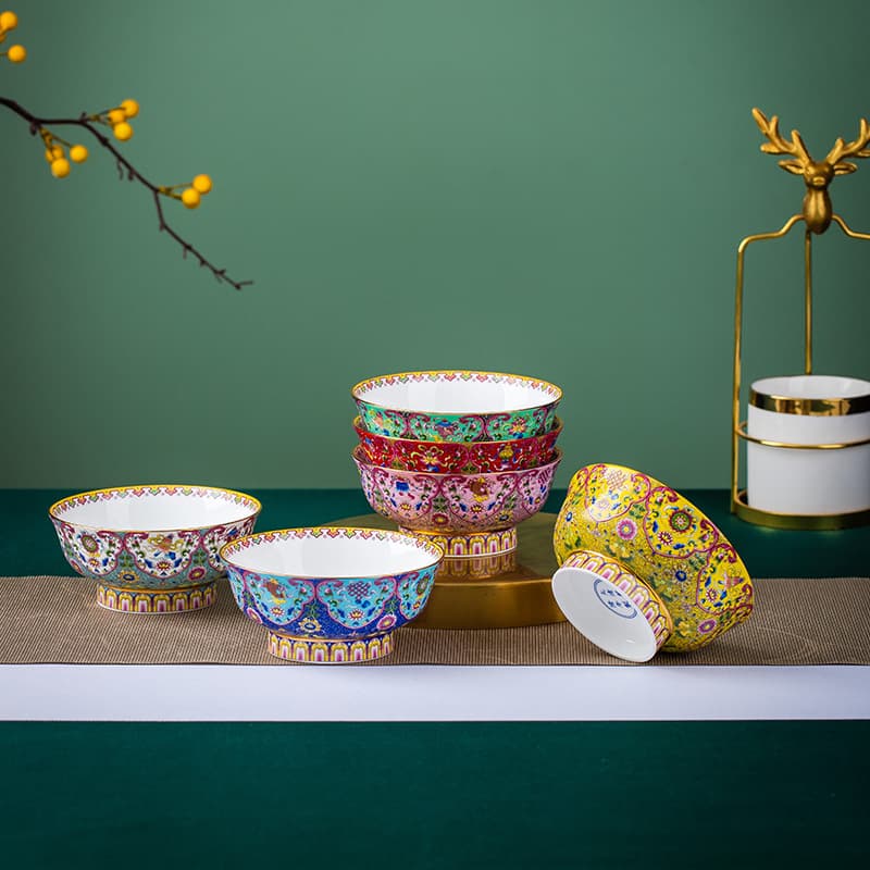 4.25-Inch Enamel-Painted Ethnic Bowl, Eight-Treasure Milk Tea Bowl, Rice Bowl, Soup Bowl, Jingdezhen Ceramic Chinese-Style Dessert Bowl