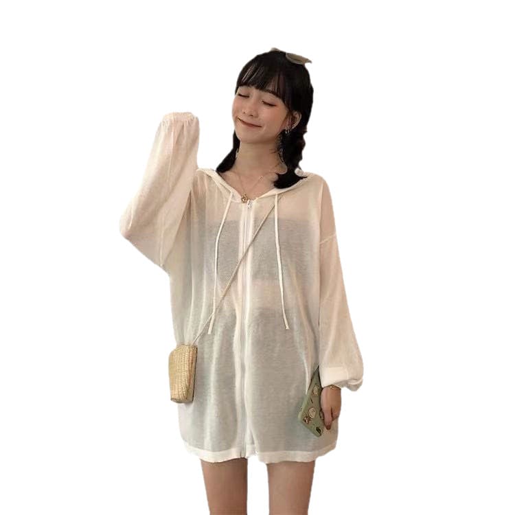 Plus Size Women's New Sun Protection Jacket, Korean Style Ins Fashion Loose Hooded Solid Color Outerwear, Thin Breathable Cardigan Summer