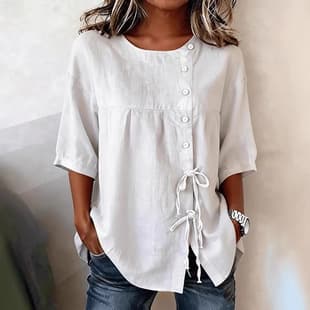 2026 New European and American Amazon Export Elegant Blouse with Tie, Buttons, Round Neck, and 3/4 Sleeves