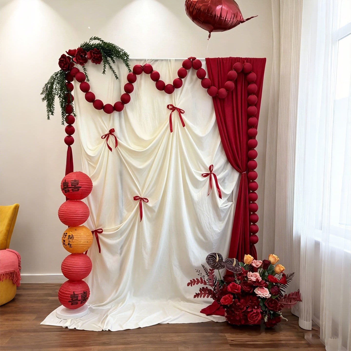 Korean-style fabric decoration for wedding room atmosphere, bridal chamber setup, decorative garlands, living room morning dress photo backdrop