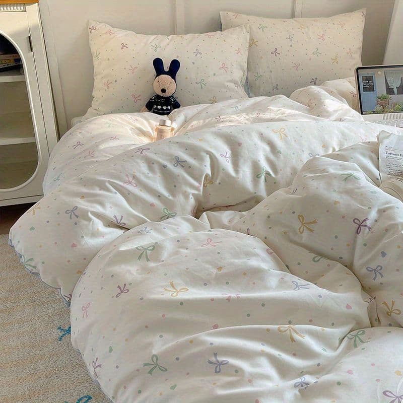 Ins Cream Style Washed Cotton Four-Season Bedding Set, Bowknot Design, Student Dormitory Fitted Sheet and Pillowcase Set
