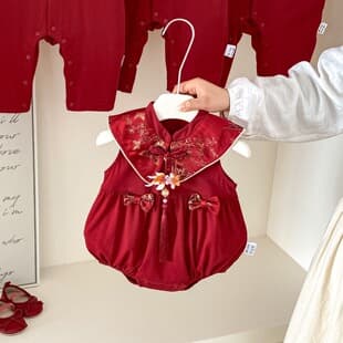 Summer Chinese Red Baby Girl First Birthday Romper Chinese Style Summer Thin Newborn Clothes