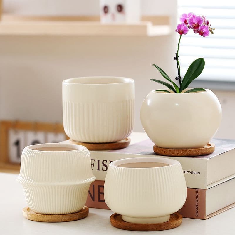 Wholesale Ceramic Flower Pots with Tray, Home Minimalist Ins Style Light Luxury Cream Style Succulent Pots, Drop Shipping