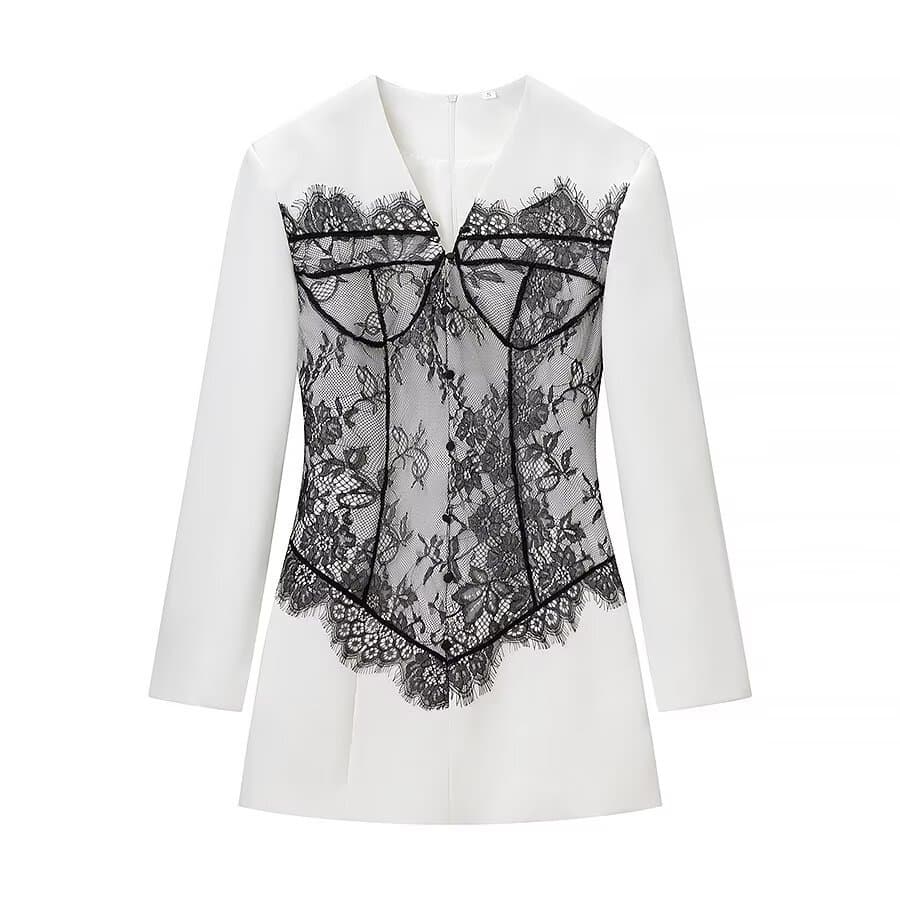 European and American cross-border niche waist V-neck single-breasted women's lace patch fitted suit short dress