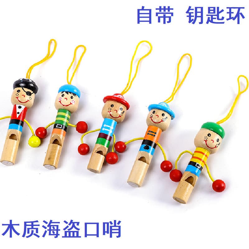 Handmade cute pirate whistle with hanging wooden design, miniature cartoon whistle for children's wind instrument toys