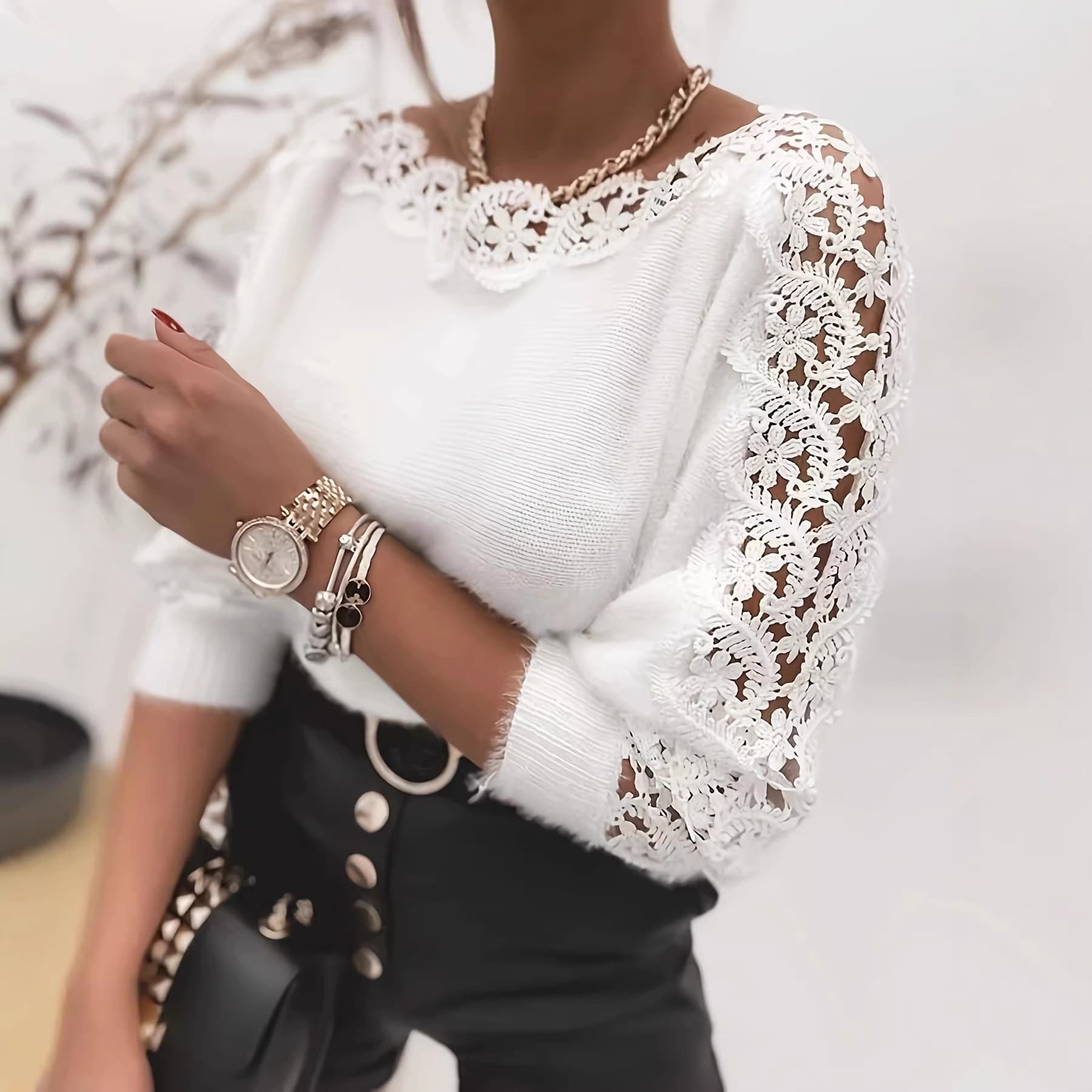 2025 New Style Sweater Cross-border Hot Sale Lace Patchwork Women's Sweater Off-Shoulder Amazon Best Seller Factory Direct Price