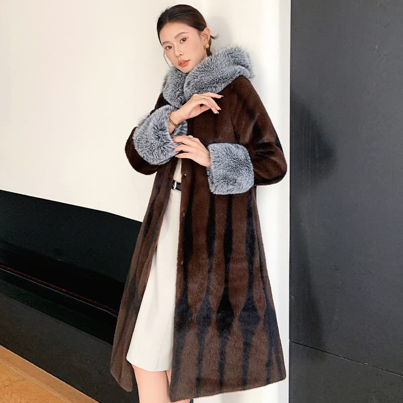 Cross Mink Extended Coat for Women Autumn Winter Fashion Fox Fur Collar Top Slim Fit Mink Fur Faux Fur Coat