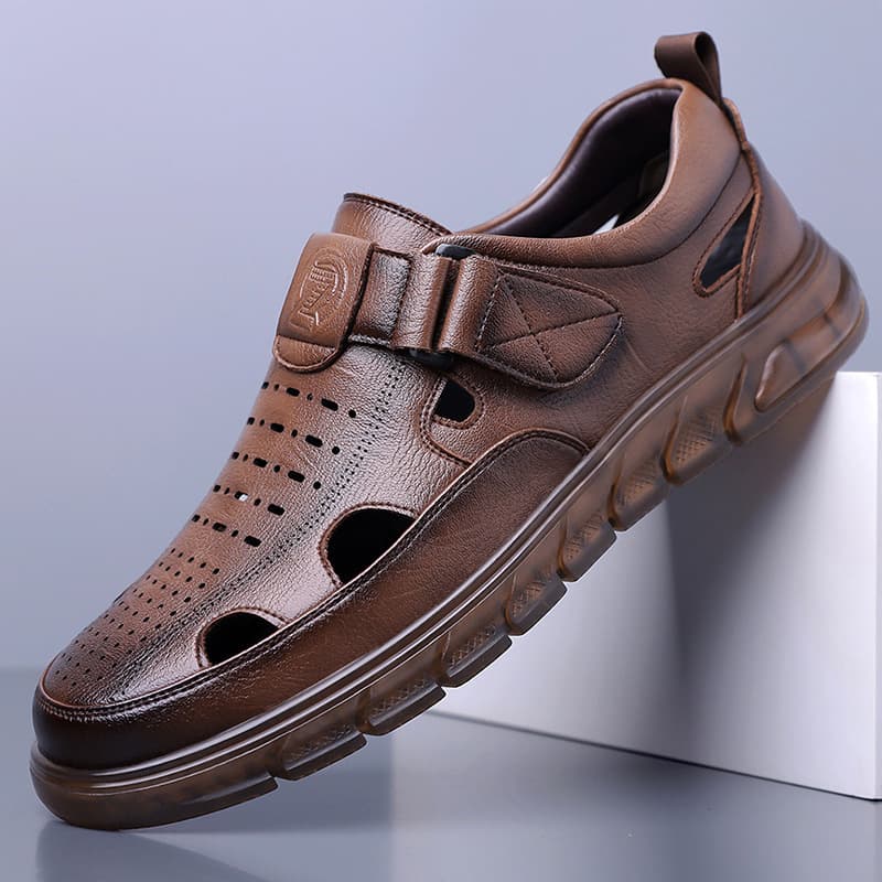 New Breathable Shoes Men's Velcro Leather Sandals Perforated Sandals Wholesale Casual Cross-border Soft Sole Dad Sandals