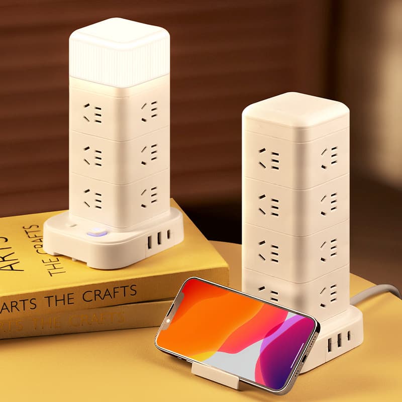 Smart Vertical Power Strip with USB Phone Charging, Tower Style for Office and Home Use, Night Light, Cube Extension Cord