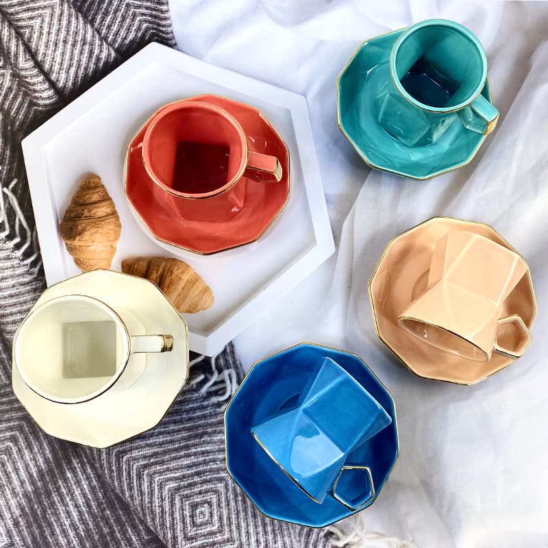 High-Aesthetic Coffee Cup Saucer Set Afternoon Tea Coffee Cup Ceramic Coffee Cup Gold-Rimmed Square-Mouth Coffee Cup Saucer