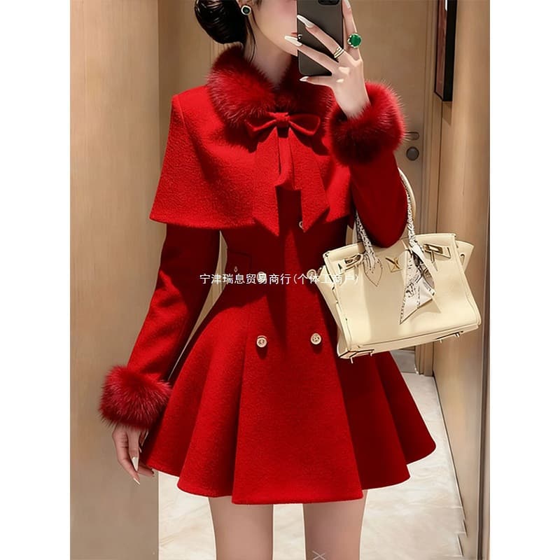 Chanel-style Red Cape Coat for Women Winter 2026 New Trendy Waist-Slimming Dress Two-Piece Set