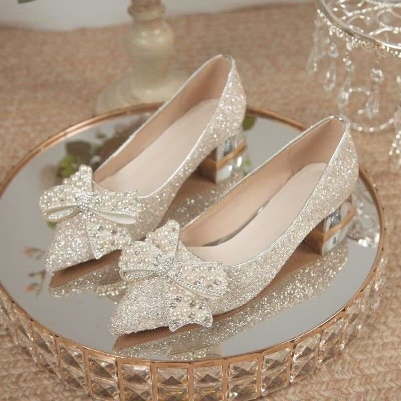 Silver Rhinestone Bow Pointed Toe High Heels Women 2026 Style Shallow Slip-On Lazy Chunky Heel Shoes Women Mid Heel