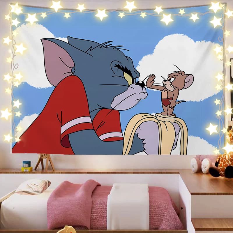 Tom and Jerry Cartoon Background Fabric for Children's Room Decoration, Bedside Poster Wall Cloth Hanging Tapestry