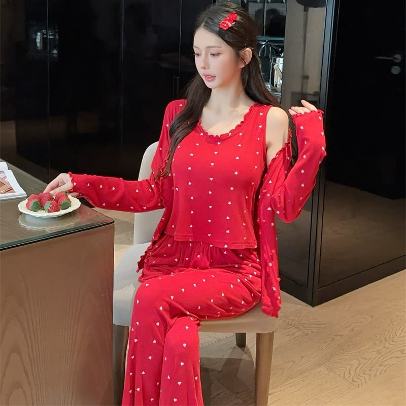 Women's Pajama Set: Modal Cotton Long Sleeve Top, Long Pants, and Camisole with Heart Print and Built-in Bra, Spring/Autumn Homewear