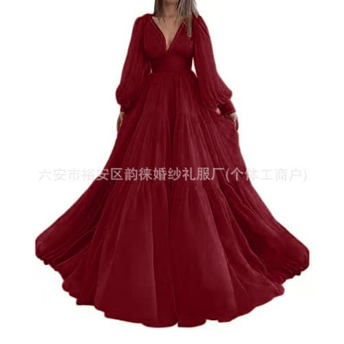 New long-sleeved Amazon banquet evening dress, elegant puff sleeves, multi-layered mesh long skirt, maternity dress