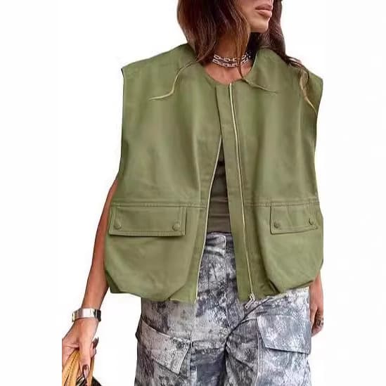 Amazon Cross-border 2025 European and American New Fashion Sleeveless Pocket Loose Fit Solid Color Zipper Women's Vest Jacket