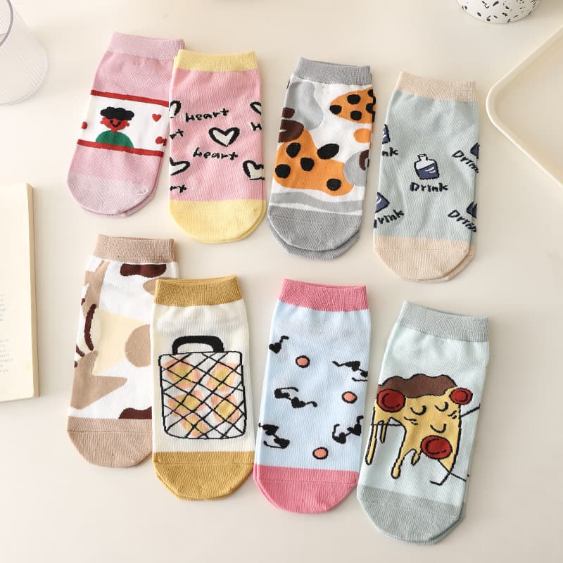 Cotton Socks for Women AB Korean Style Short Tube Ins Trendy Socks Japanese Illustration Cute Cartoon Couple Seasonal Boat Socks