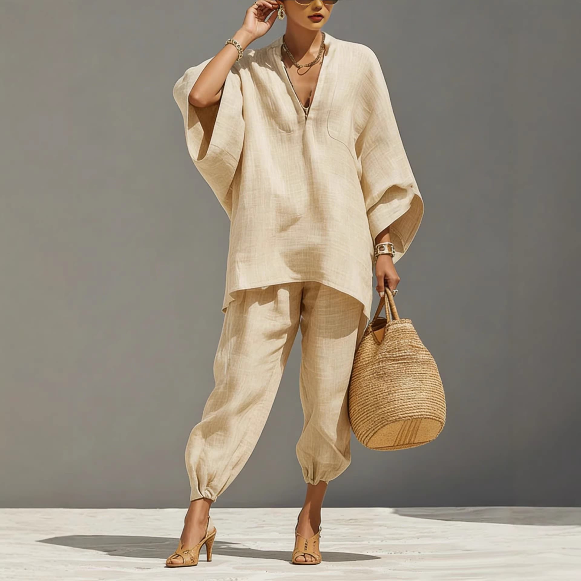 2026 New Cross-border Amazon European and American V-neck Loose Casual Top Two-piece Set Vacation Jogger Set