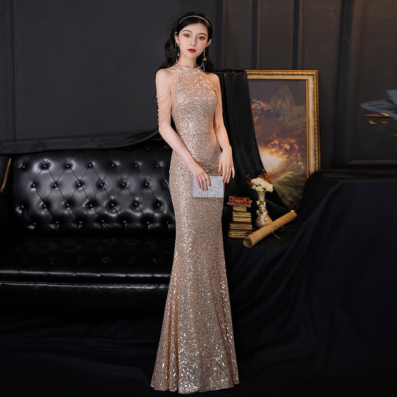 Golden Evening Dress for Women 2026 Summer New Style Evening Host Elegant Socialite Fishtail Dress for Petite Figures to Look Slimmer