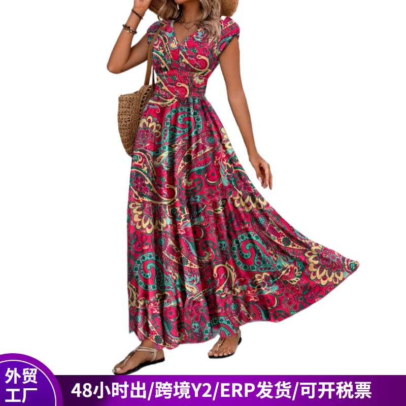 In Stock 2026 Plus Size Women's New Printed V-Neck Waist-Cinching Maxi Dress, Bestseller for Independent Sites, European and American Style Short Sleeve Dress