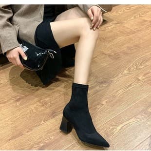 Black Suede Short Boots Women 2025 Chunky High Heel Mid-Calf Boots Versatile Pointed Toe Socks Boots Elastic Slim Boots Thin Heel