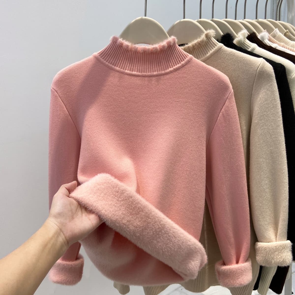 Light Pink Half-Turtleneck Sweater for Women Winter Chic Ruffle Trim Integrated Fleece Thick Knit Top Base Layer