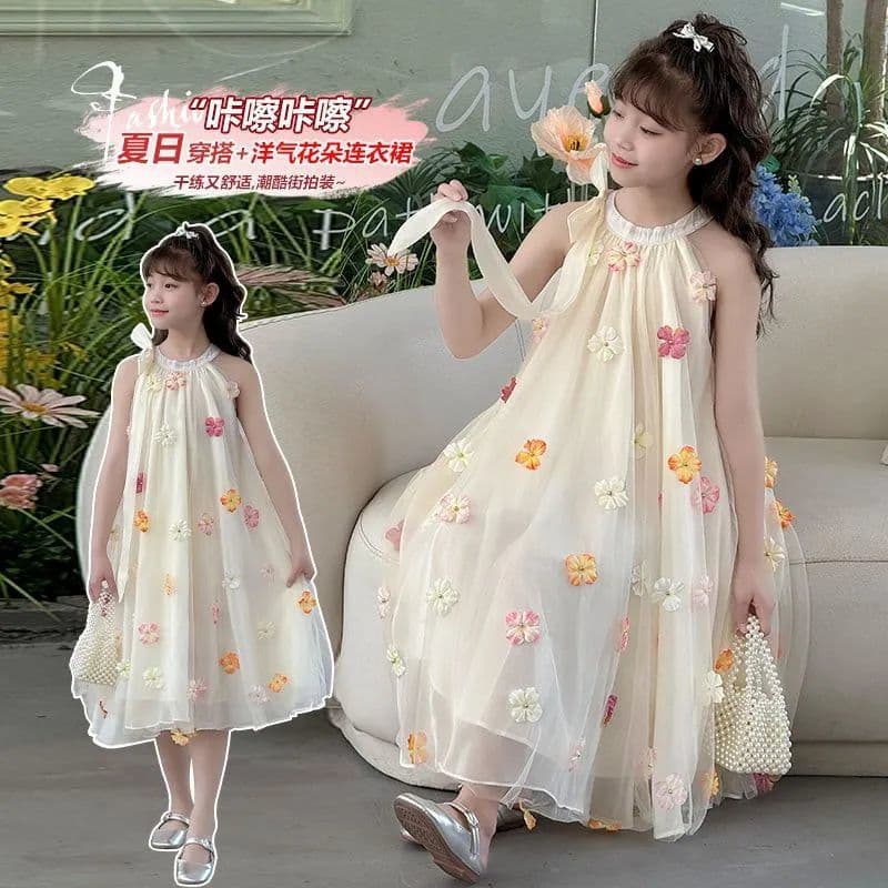 Girls' Summer Dress 2025 New Style, Halter Neck Princess Long Tulle Dress for Older Girls