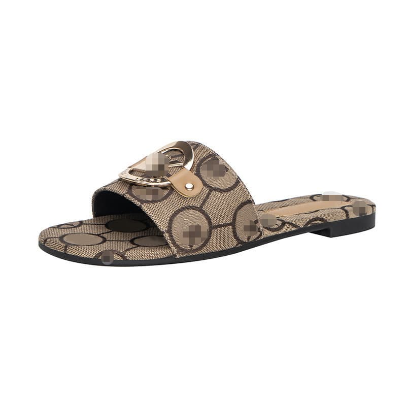 Women's Flat Sandals Slippers with Metal MK Design, European and American Fashion, Plus Size Women's Flat Slippers