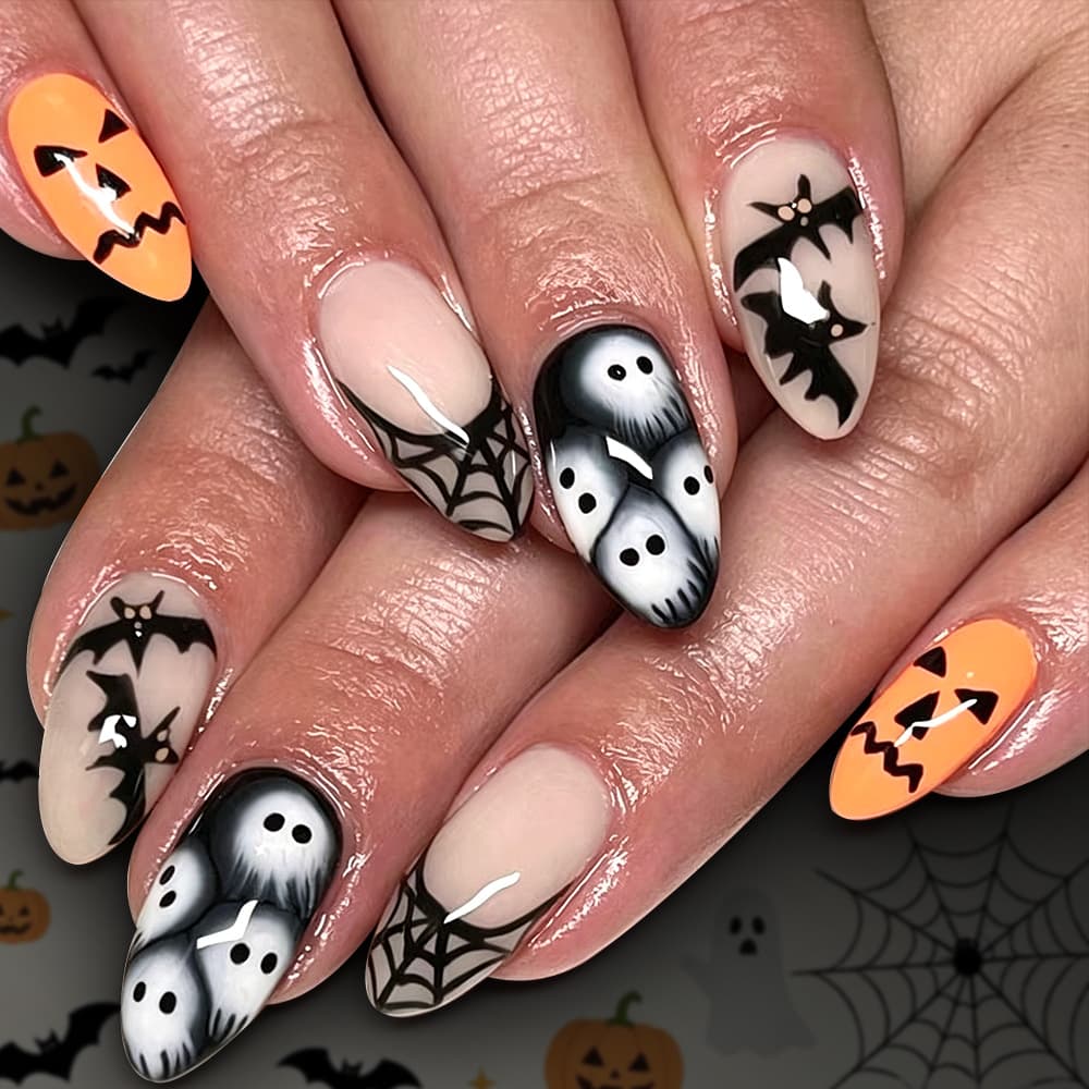 Halloween Press-On Nails Almond Shape Glossy Ghost Bat Pumpkin Scary Face Edgy Retro 24Pcs Fake Nails