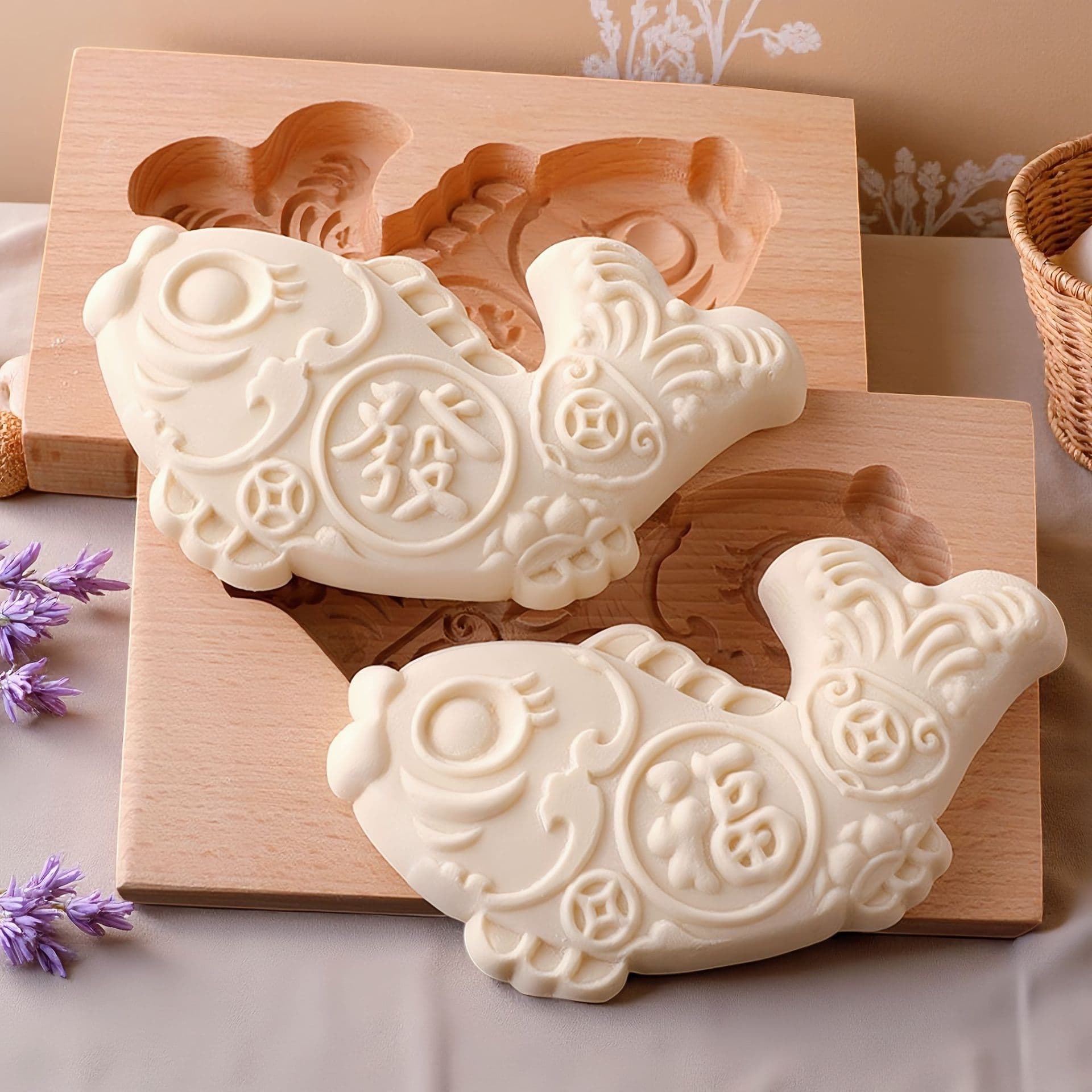 New Year steamed fish bun mold, 3D golden carp Shandong Jiaodong Huabobo tool, patterned large bun wooden card flower