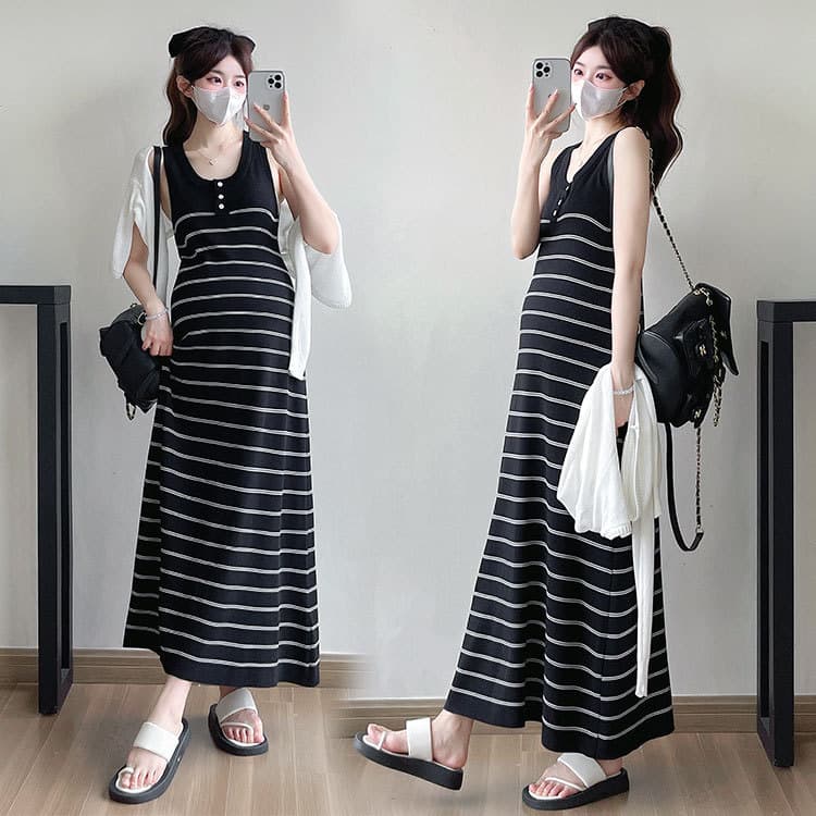 Maternity Dress Classic Striped Sleeveless Slim Fit Button-Down Nursing High Elastic Knit Dress Trendy Mom Pregnancy Wear