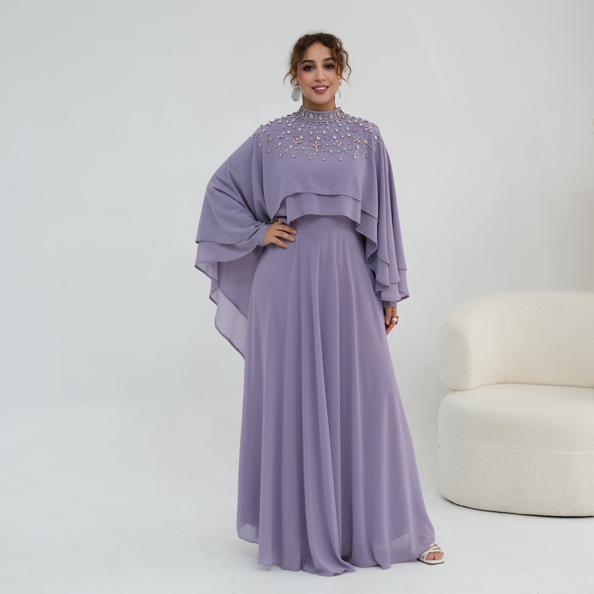 Ai Yirui Real Shot Direct Output, Luxury Studded Pearl Chiffon Dress + Shawl 1287