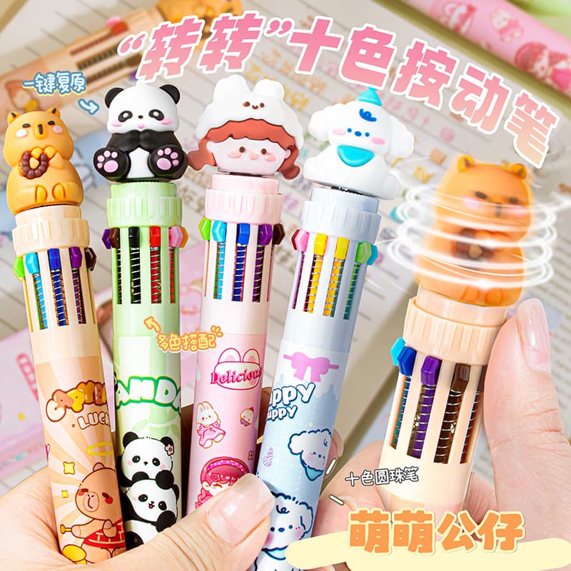 New cartoon ten-color ballpoint pen creative student multi-color handbook pen color click pen doll rotating pen wholesale
