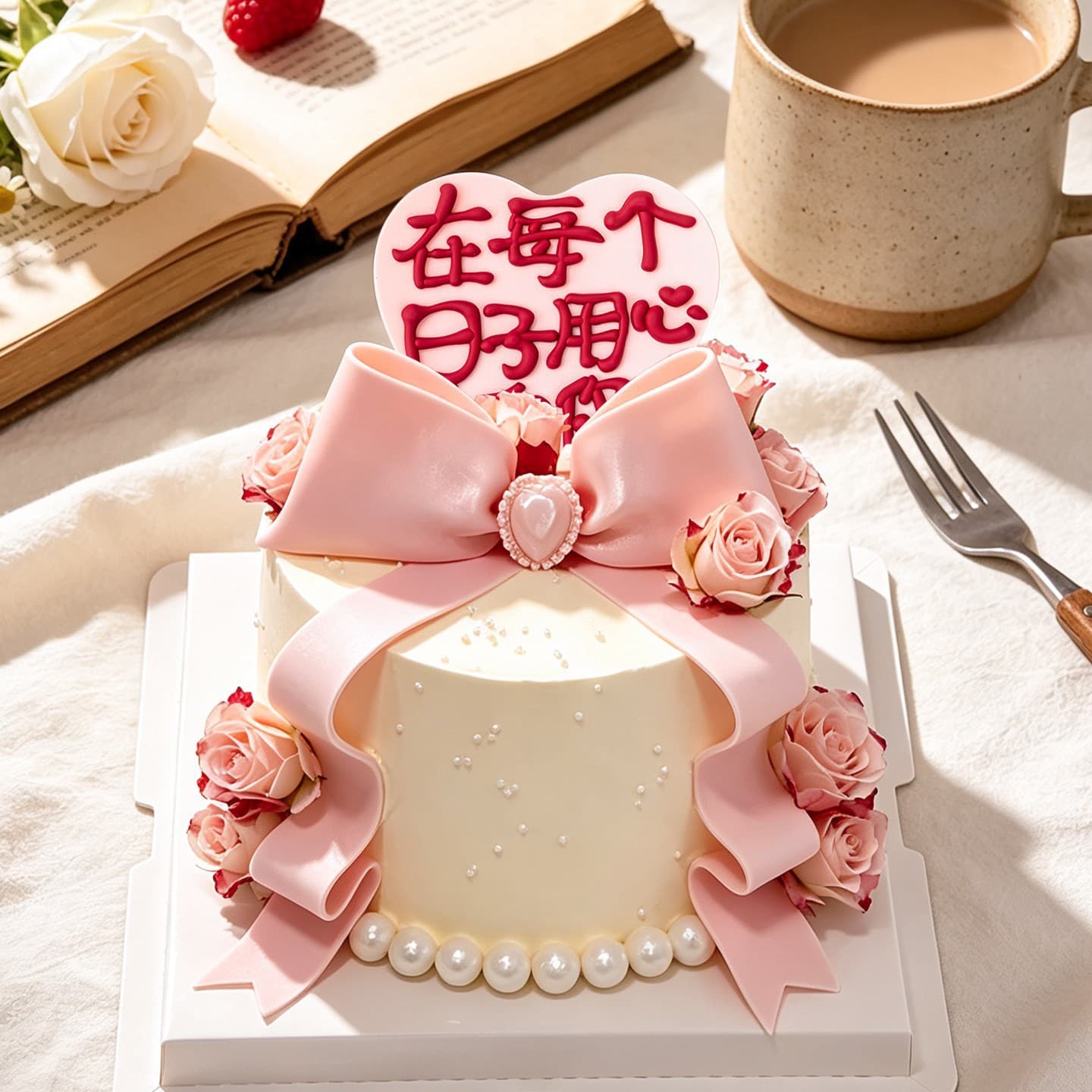 Chinese Valentine's Day Gemstone Fondant Big Bow Cake Decoration I love you with my heart on every day Confession Plug-in