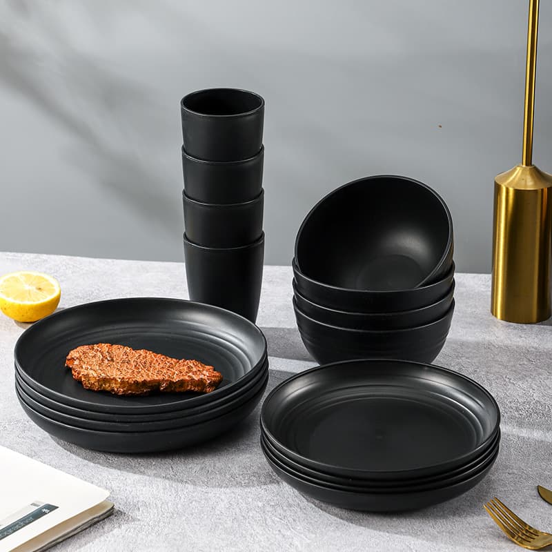Cross-border hot selling black wheat straw dishes and plates outdoor travel 16-piece set 24-piece set 32-piece tableware set