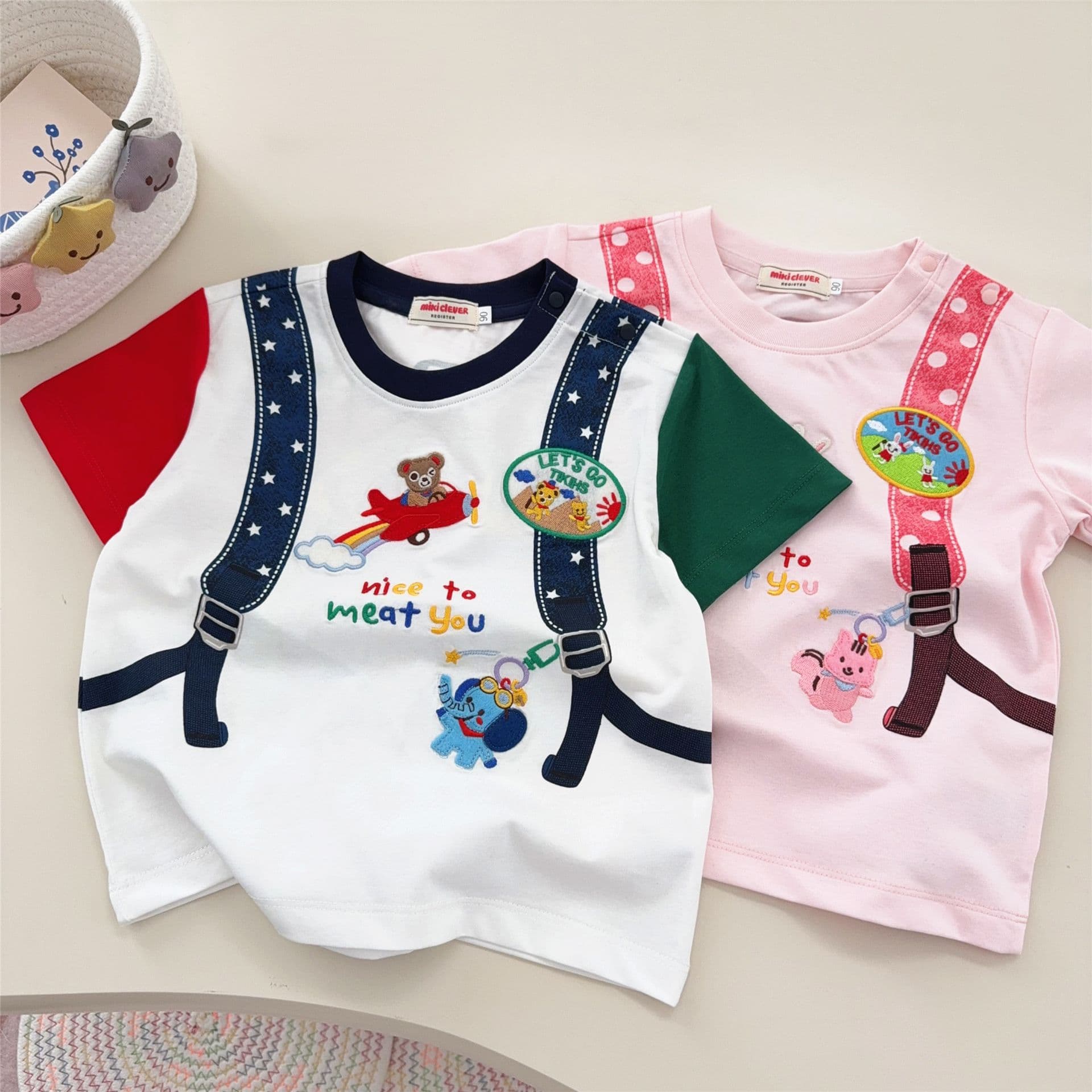 Japanese Style Kids Inner T-Shirt 26 Summer New Japanese Boys Girls Baby Bear Backpack T-Shirt Short Sleeve Top Trendy 097