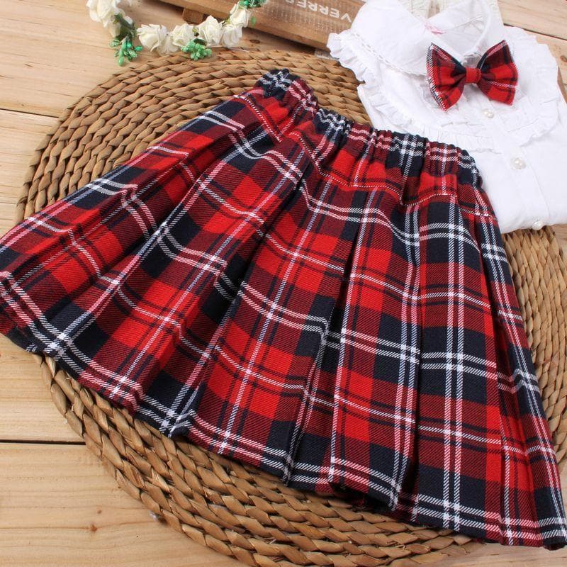 Primary School Girls Summer Red Plaid Skirt, Children's Summer Clothing, Baby Pleated Skirt for School Uniform