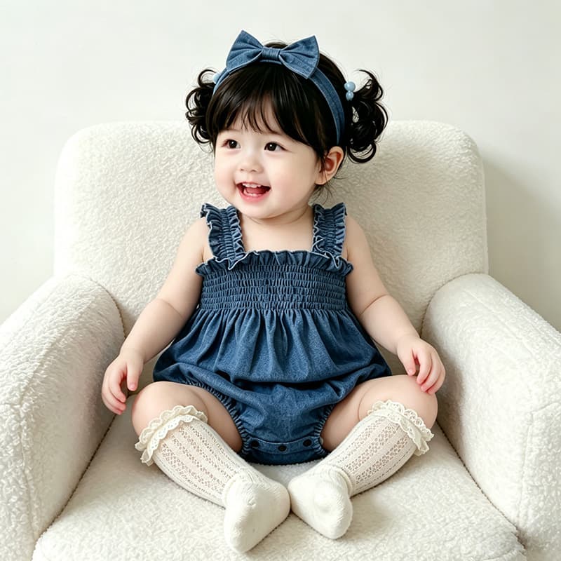 Baby Summer Thin Bodysuit for Newborn Girls, Small Size Sleeveless Denim Romper