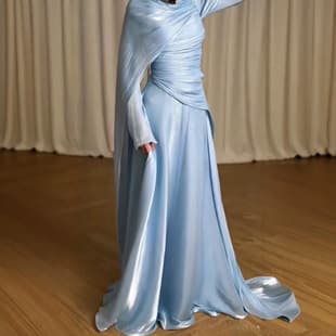 2026 New European & American Amazon Cross-border Women's Long Sleeve Pleated Slim Sky Blue Round Neck Formal Long Dress