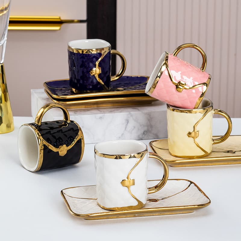 Creative Ceramic Leather Bag Coffee Cup Saucer Set Home Espresso Cup 6 Cups 6 Saucers Gift Set Afternoon Tea Coffee Cup
