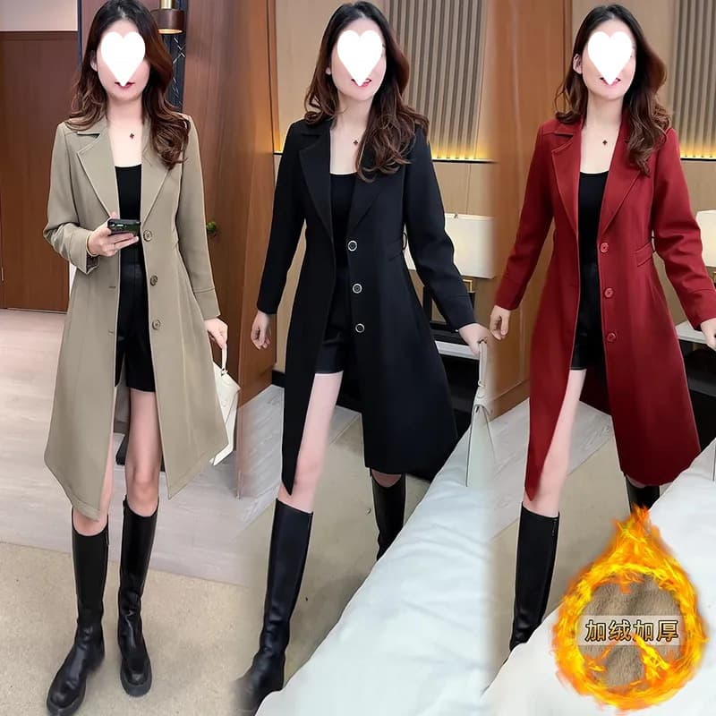 Trench Coat Women's Autumn/Winter New Fleece-Lined Thickened Fashion Notched Lapel Petite Korean Style Waist-Defining Mid-Length Outerwear