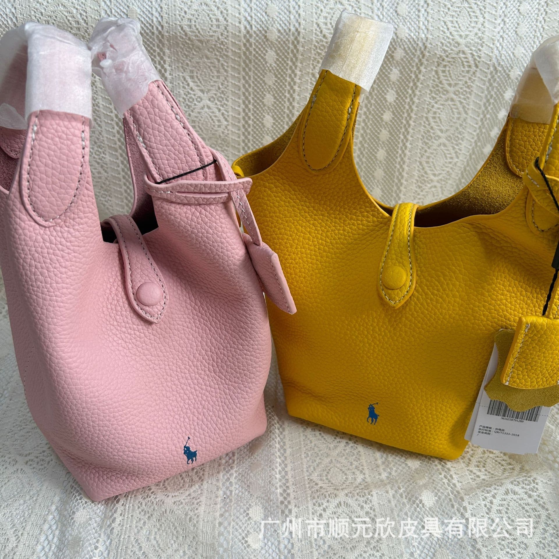 Cross-border Polo New Basket Bag Pebble Grain Top Layer Cowhide Bucket Bag Shoulder Crossbody Handheld Tote Women's Bag
