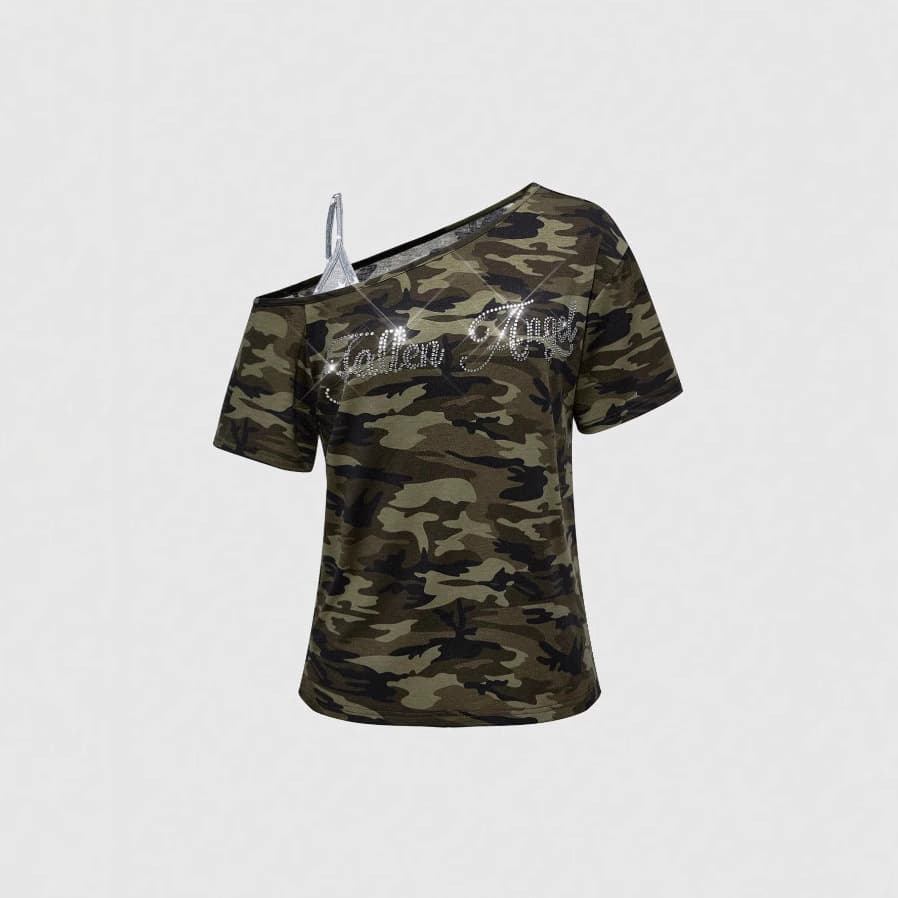 2025 European and American Fashion Retro Fitted Camo Top with Hotfix Rhinestones Short Sleeve Faux Layering Rhinestone Top