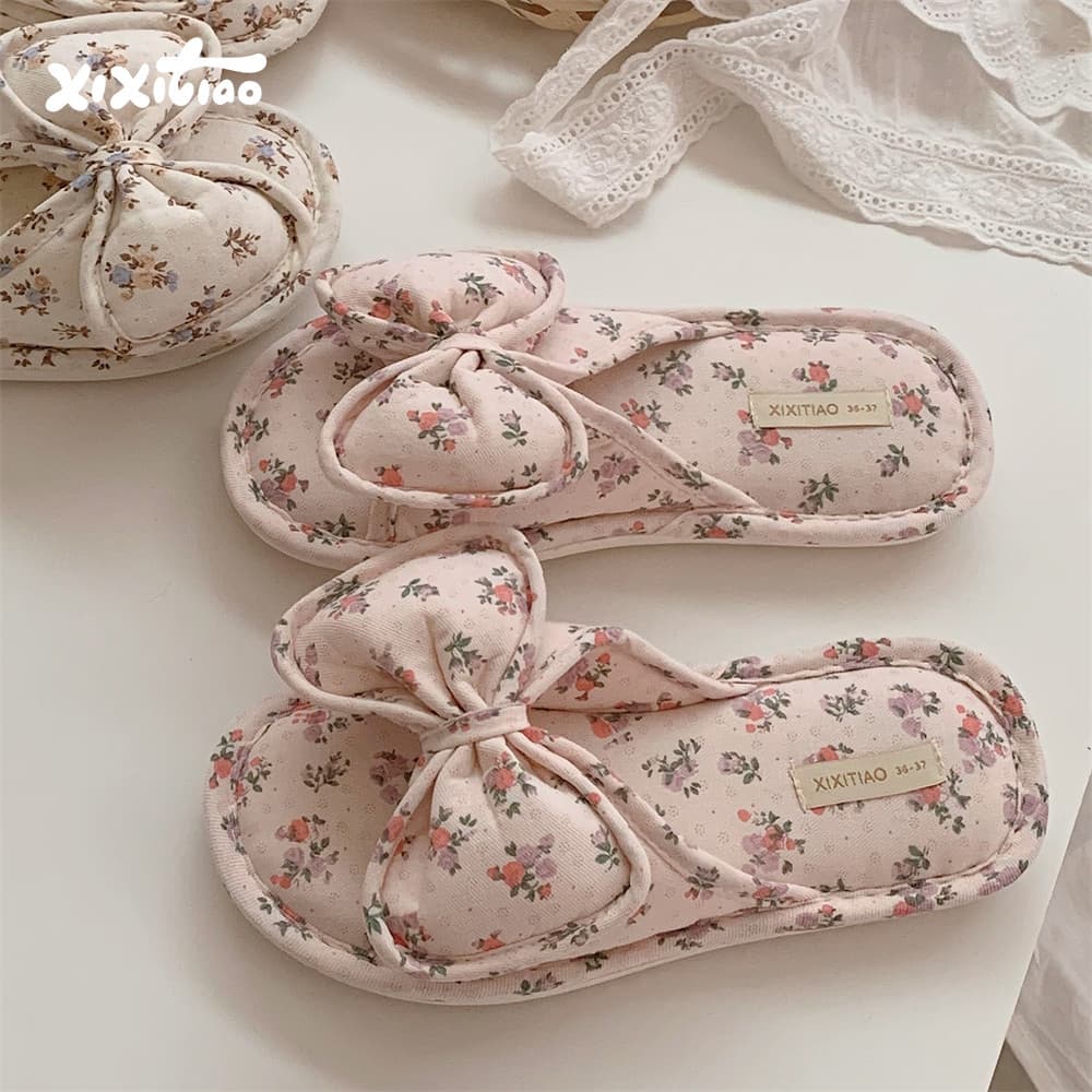 Thin Strip Korean Floral Bow Linen Slippers, Girly Heart Four-Season Soft Sole Bedroom Floor Shoes Ins