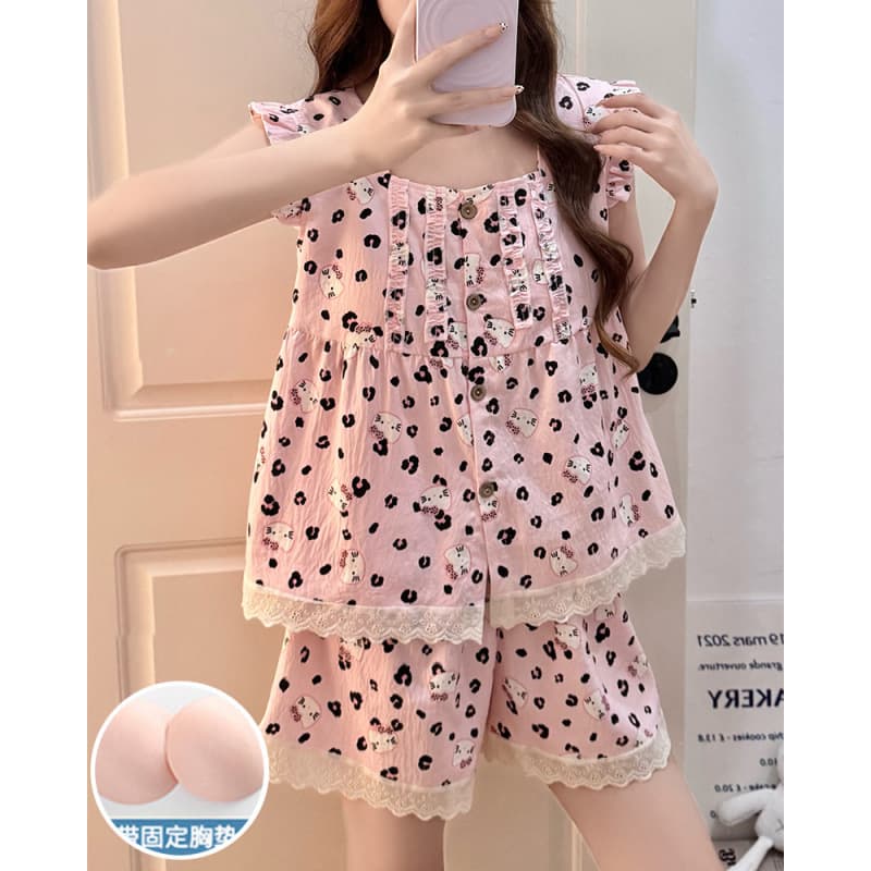 Summer cloud cotton belt fixed breast pad small flying sleeve shorts pajamas women's lace can be worn outside the two-piece suit