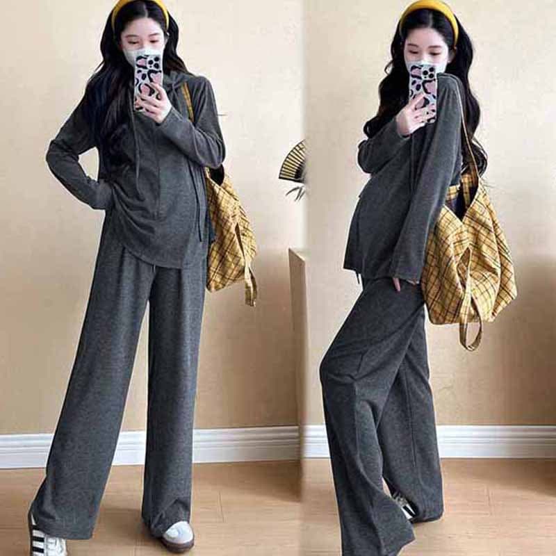Maternity Wear Autumn Winter Xiaohongshu Trending Hooded Drawstring Half-Zip Long Sleeve High-Waist Non-Support Wide-Leg Pants Two-Piece Set