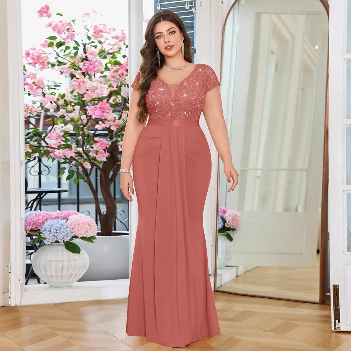 Cross-border Exclusive Plus Size Mother's Dress Elegant Sequin Mermaid Dress Wedding Host Performance Gown Evening Dress Women