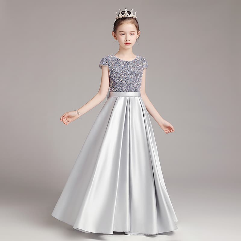 Girls Piano Dress Gray Sequined Long Performance Costume Princess Dress Children's Host Stage Show Performance Costume